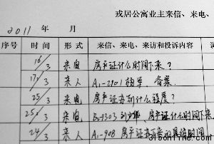 在�？谌志庸⒌臉I(yè)主來信、來電、來訪登記表中，幾乎全部與房產證有關。新華社記者 侯建森 攝